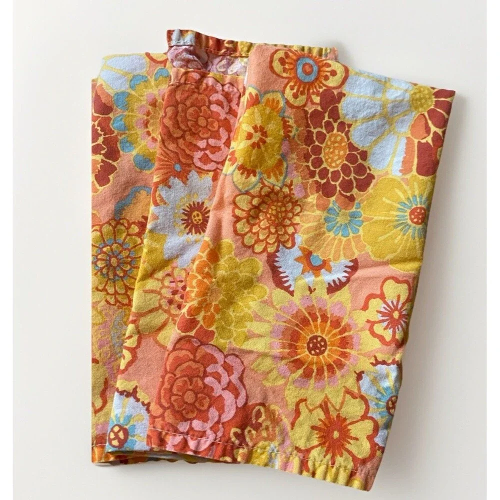 Floral Cloth Napkin & Ring Set 8 Yellow Orange Pink Retro Groovy Tiki Tropical